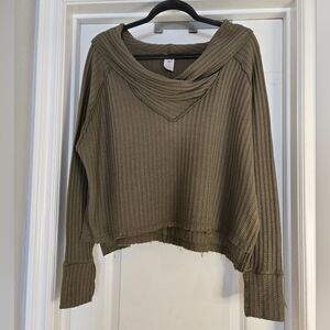 Free People We The Free Green Thermal Knit Cowl Neck Top | Size Small